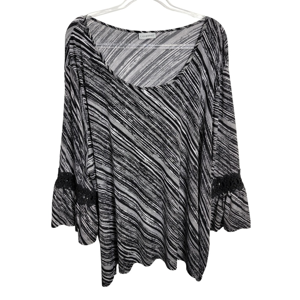 Catherines Womens 4X Tunic Top Black White Striped Bell Sleeve Crochet Lace Boho